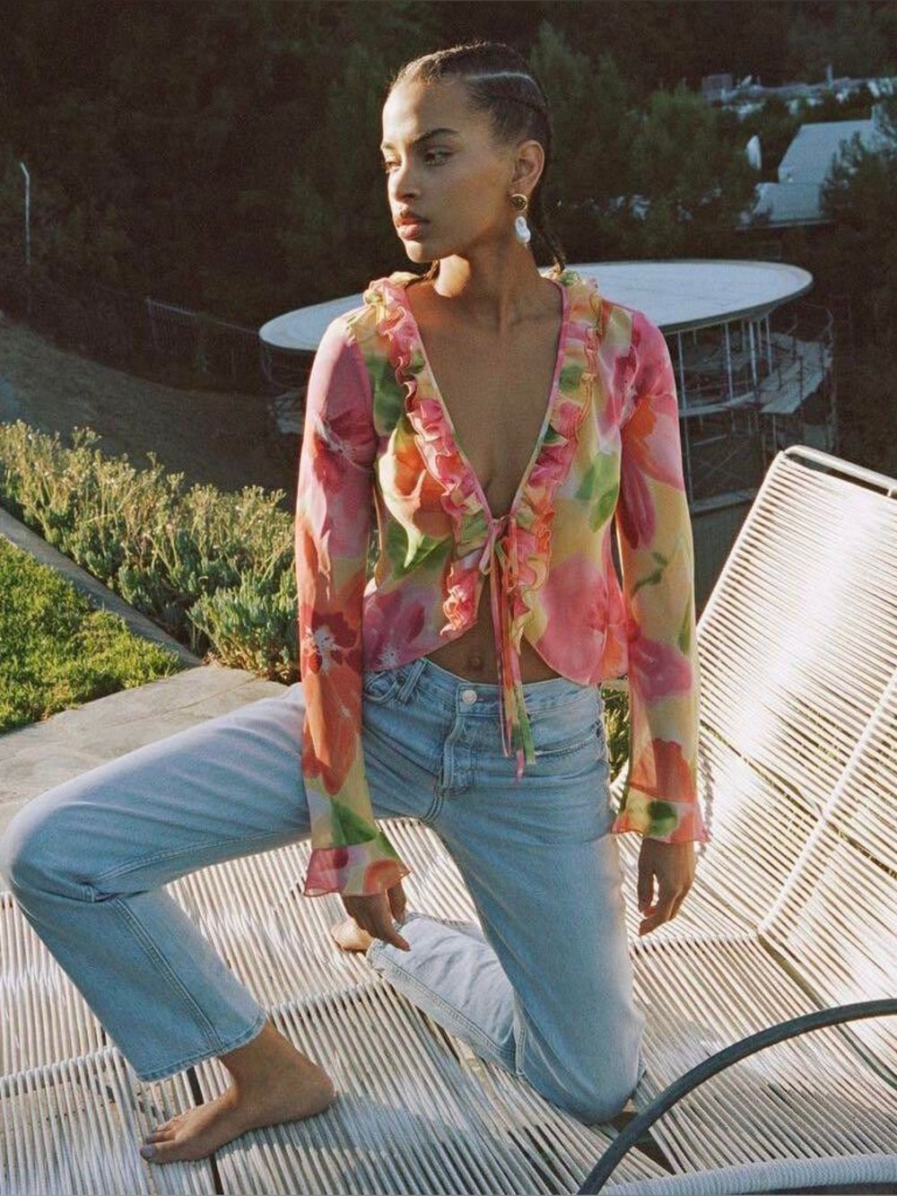 With Jean Floral Ruffle Tie Front Fifi Top